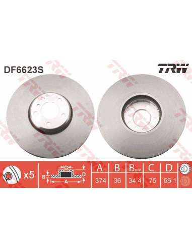 Disco de freno Trw DF6623S - TRW DISCO FRENO DEL. DERECH PROEQUIP