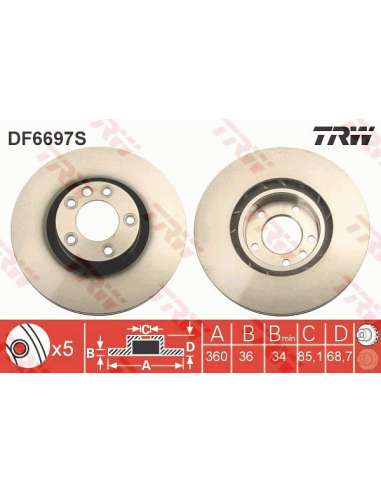 Disco de freno Trw DF6697S - TRW DISCO FRENO DEL. IZQUIE PROEQUIP