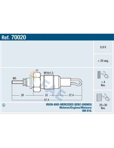 Bujía de precalentamiento Fae 70020 - Calentadores estandar