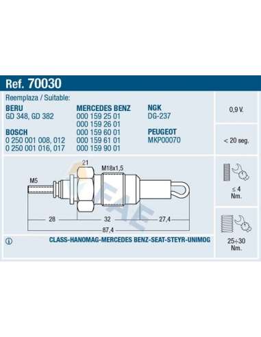 Bujía de precalentamiento Fae 70030 - Calentadores estandar