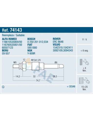Bujía de precalentamiento Fae 74143 - FAE CALENTADOR TERMOPLUS