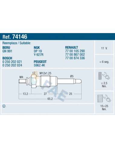 Bujía de precalentamiento Fae 74146 - FAE CALENTADOR TERMOPLUS