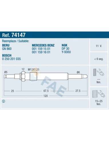 Bujía de precalentamiento Fae 74147 - FAE CALENTADOR TERMOPLUS