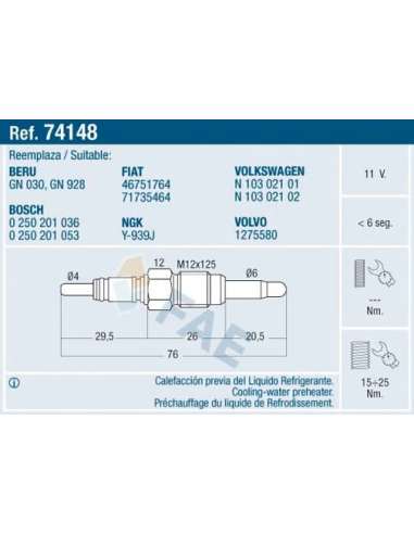 Bujía calentamiento, calentador eléctrico Fae 74148 - FAE CALENTADOR TERMOPLUS