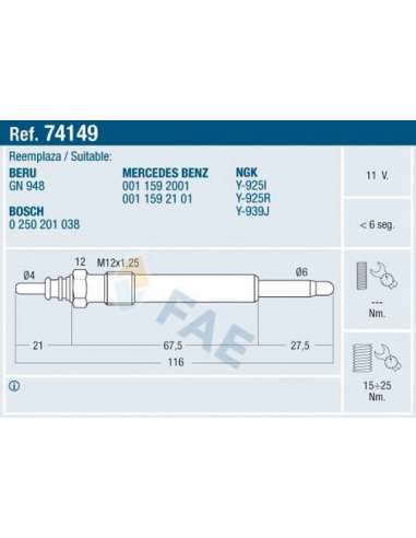 Bujía de precalentamiento Fae 74149 - FAE CALENTADOR TERMOPLUS