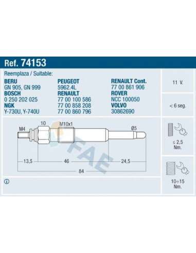 Bujía de precalentamiento Fae 74153 - FAE CALENTADOR TERMOPLUS