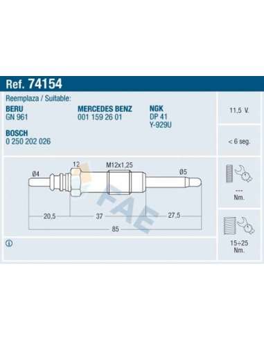 Bujía de precalentamiento Fae 74154 - FAE CALENTADOR TERMOPLUS
