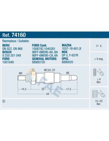 Bujía de precalentamiento Fae 74160 - FAE CALENTADOR TERMOPLUS