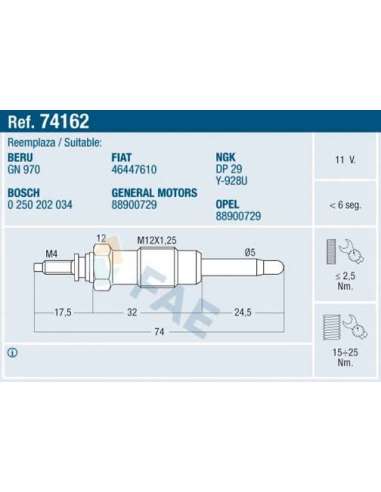 Bujía de precalentamiento Fae 74162 - FAE CALENTADOR TERMOPLUS