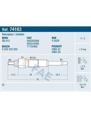 Bujía de precalentamiento Fae 74163 - FAE CALENTADOR TERMOPLUS