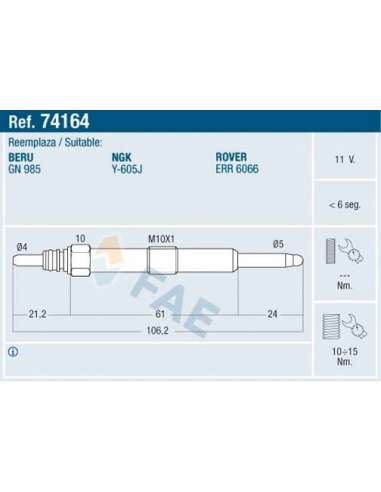 Bujía de precalentamiento Fae 74164 - FAE CALENTADOR TERMOPLUS