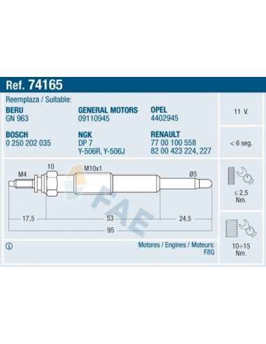 Bujía de precalentamiento Fae 74165 - FAE CALENTADOR TERMOPLUS