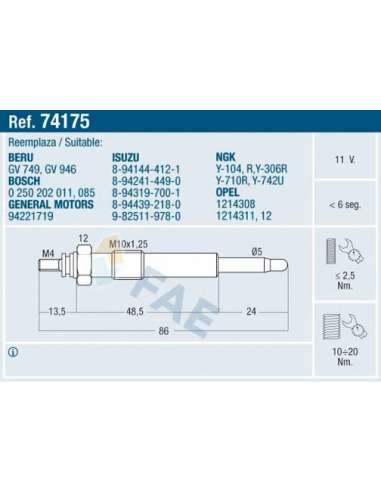 Bujía de precalentamiento Fae 74175 - FAE CALENTADOR TERMOPLUS