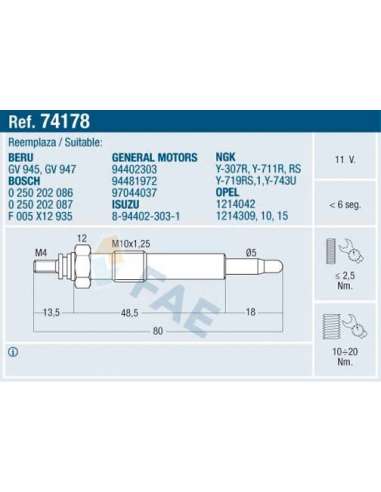 Bujía de precalentamiento Fae 74178 - FAE CALENTADOR TERMOPLUS