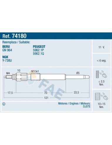 Bujía de precalentamiento Fae 74180 - FAE CALENTADOR TERMOPLUS