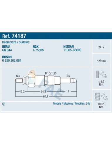Bujía de precalentamiento Fae 74187 - FAE CALENTADOR TERMOPLUS