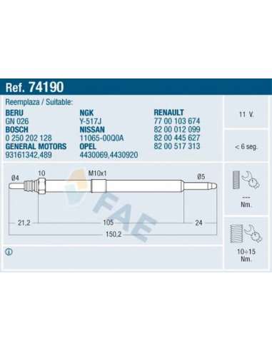 Bujía de precalentamiento Fae 74190 - FAE CALENTADOR TERMOPLUS