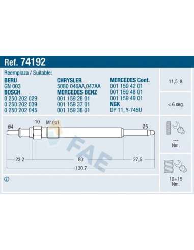 Bujía de precalentamiento Fae 74192 - FAE CALENTADOR TERMOPLUS