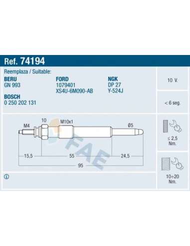 Bujía de precalentamiento Fae 74194 - FAE CALENTADOR TERMOPLUS