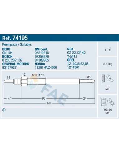 Bujía de precalentamiento Fae 74195 - FAE CALENTADOR TERMOPLUS