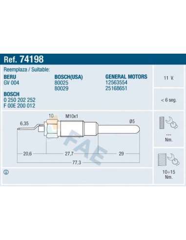 Bujía de precalentamiento Fae 74198 - FAE CALENTADOR TERMOPLUS