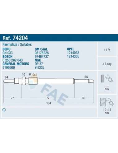 Bujía de precalentamiento Fae 74204 - FAE CALENTADOR TERMOPLUS