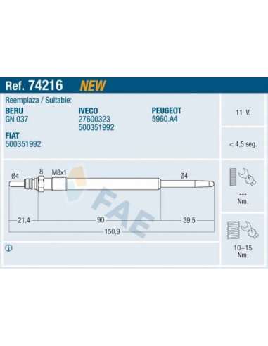 Bujía de precalentamiento Fae 74216 - FAE CALENTADOR TERMOPLUS