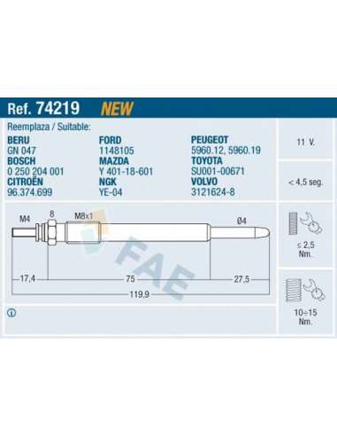 Bujía de precalentamiento Fae 74219 - FAE CALENTADOR TERMOPLUS