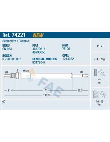 Bujía de precalentamiento Fae 74221 - FAE CALENTADOR TERMOPLUS