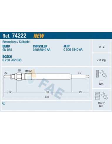Bujía de precalentamiento Fae 74222 - FAE CALENTADOR TERMOPLUS