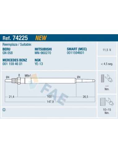 Bujía de precalentamiento Fae 74225 - FAE CALENTADOR TERMOPLUS