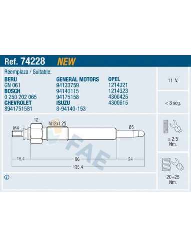 Bujía de precalentamiento Fae 74228 - FAE CALENTADOR TERMOPLUS