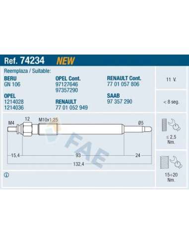 Bujía de precalentamiento Fae 74234 - FAE CALENTADOR TERMOPLUS