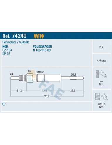 Bujía de precalentamiento Fae 74240 - FAE CALENTADOR TERMOPLUS