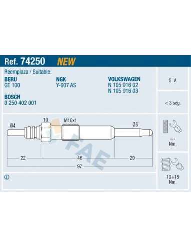 Bujía de precalentamiento Fae 74250 - FAE CALENTADOR TERMOPLUS