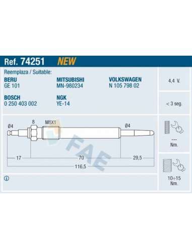 Bujía de precalentamiento Fae 74251 - FAE CALENTADOR TERMOPLUS