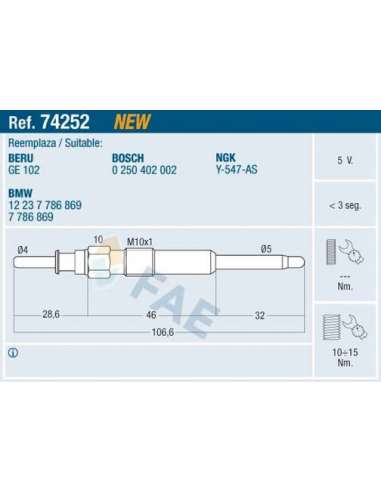 Bujía de precalentamiento Fae 74252 - FAE CALENTADOR TERMOPLUS