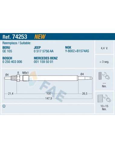 Bujía de precalentamiento Fae 74253 - FAE CALENTADOR TERMOPLUS