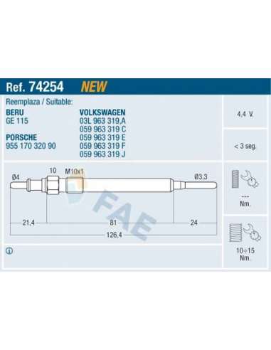 Bujía de precalentamiento Fae 74254 - FAE CALENTADOR TERMOPLUS