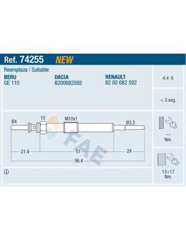 Bujía de precalentamiento Fae 74255 - FAE CALENTADOR TERMOPLUS