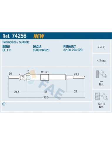 Bujía de precalentamiento Fae 74256 - FAE CALENTADOR TERMOPLUS