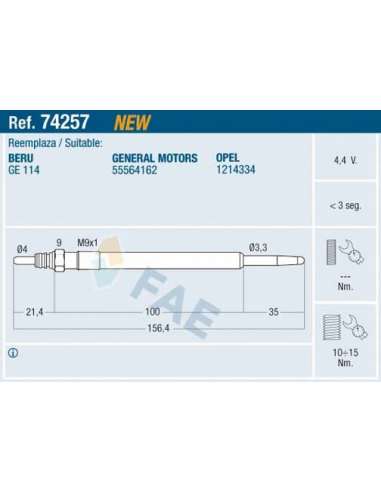 Bujía de precalentamiento Fae 74257 - FAE CALENTADOR TERMOPLUS