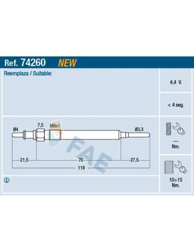 Bujía de precalentamiento Fae 74260 - FAE CALENTADOR TERMOPLUS